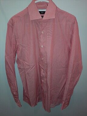 Boss Men's Red-White Striped Dress Shirt Size 42 16.5 Excellent Used Condition